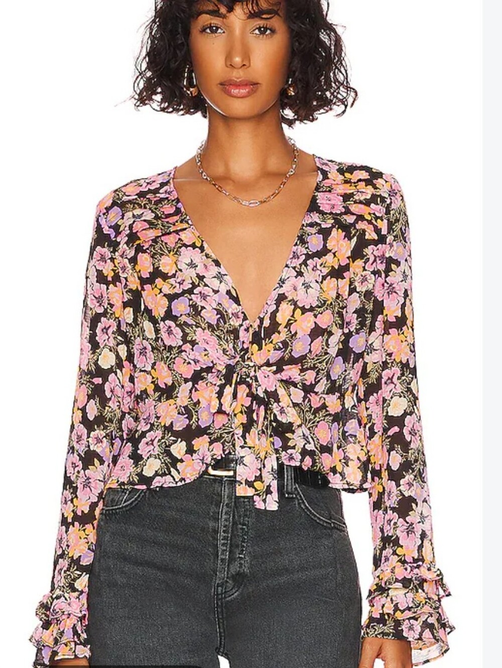 Free People Maybel Tie-front Floral Ruffle Sleeve Blouse Size Medium